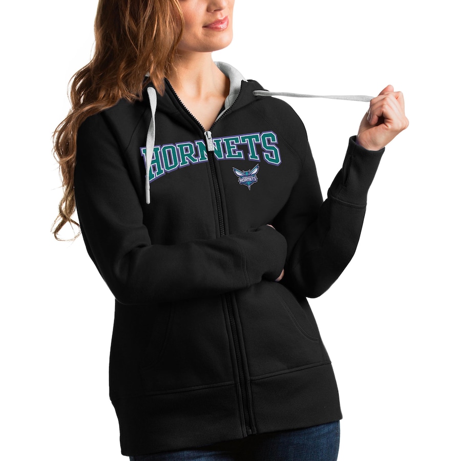 Women's Charlotte Hornets Antigua Black Team Victory Full-Zip Hoodie Women's Charlotte Hornets Antigua Black Team Victory Full-Zip Hoodie