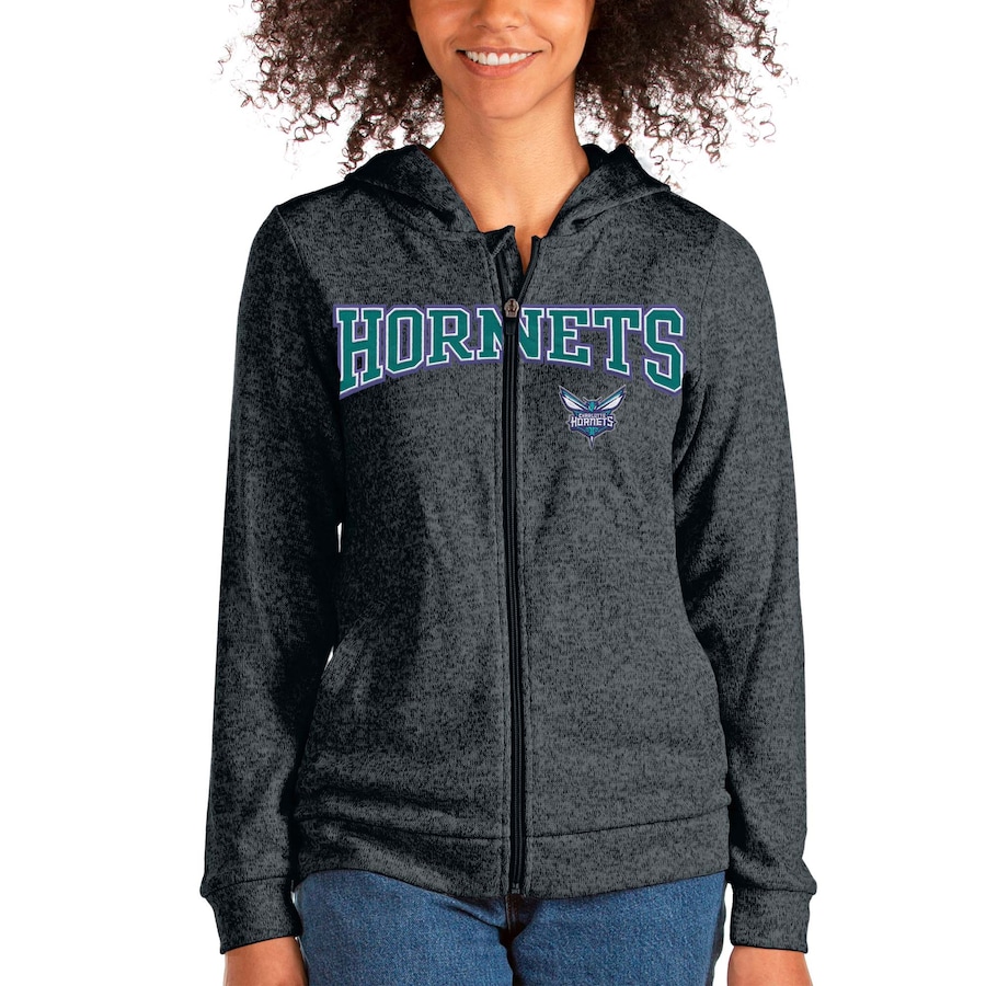Women's Charlotte Hornets Antigua Heathered Charcoal Team Absolute Full-Zip Hoodie