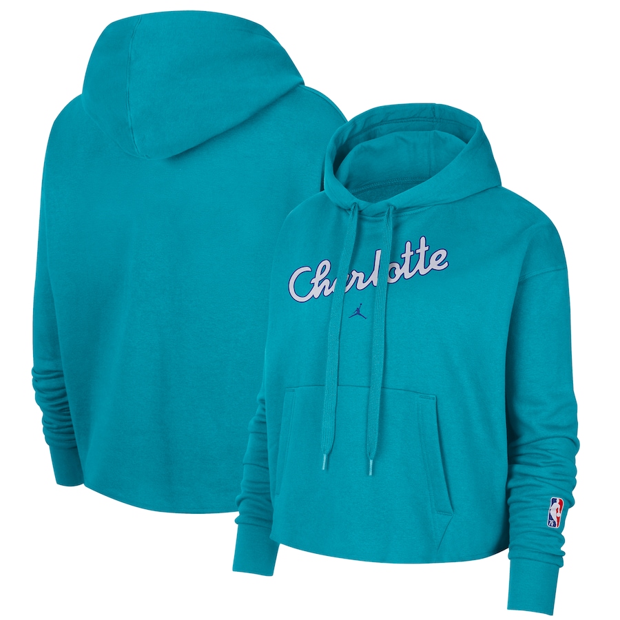 Women's Charlotte Hornets NBA Teal 2021/22 City Edition Essential Logo Cropped Pullover Hoodie Women's Charlotte Hornets NBA Teal 2021/22 City Edition Essential Logo Cropped Pullover Hoodie