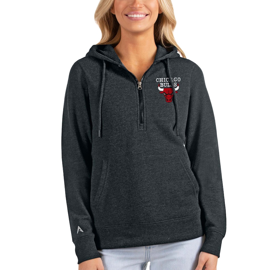 Women's Chicago Bulls Antigua Heathered Charcoal Action Half-Zip Pullover Hoodie