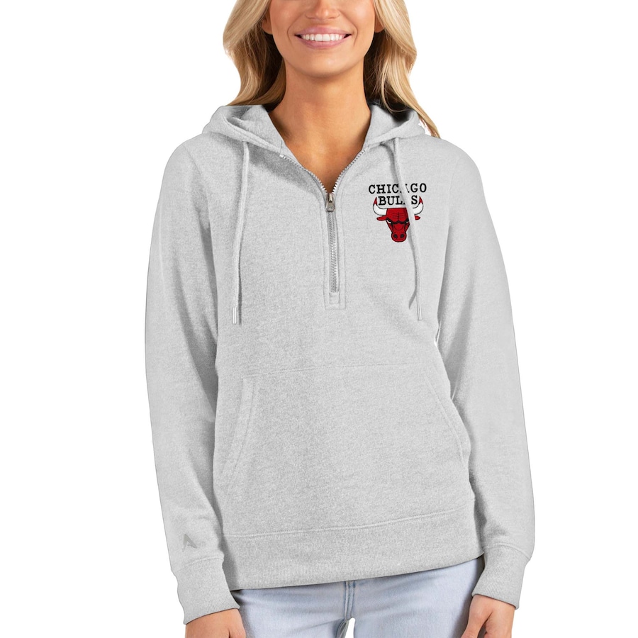 Women's Chicago Bulls Antigua Heathered Gray Action Half-Zip Pullover Hoodie Women's Chicago Bulls Antigua Heathered Gray Action Half-Zip Pullover Hoodie