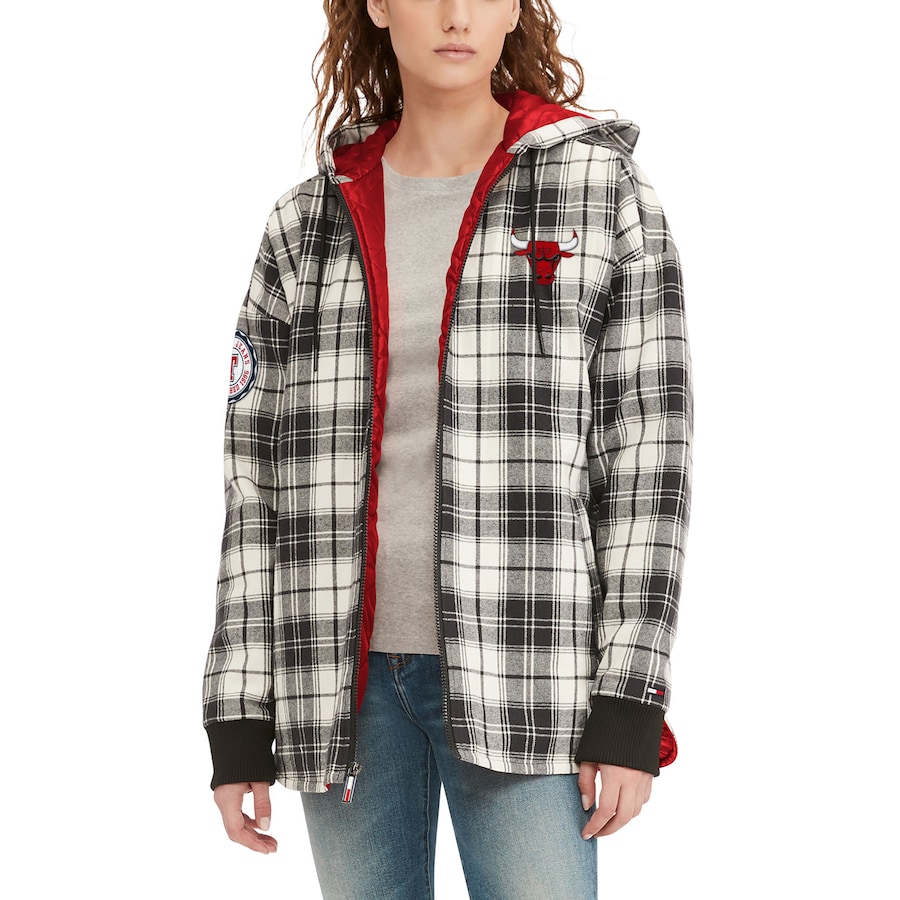 Women's Chicago Bulls Tommy Jeans Black/Cream Molly Flannel Full-Zip Hoodie Women's Chicago Bulls Tommy Jeans Black/Cream Molly Flannel Full-Zip Hoodie