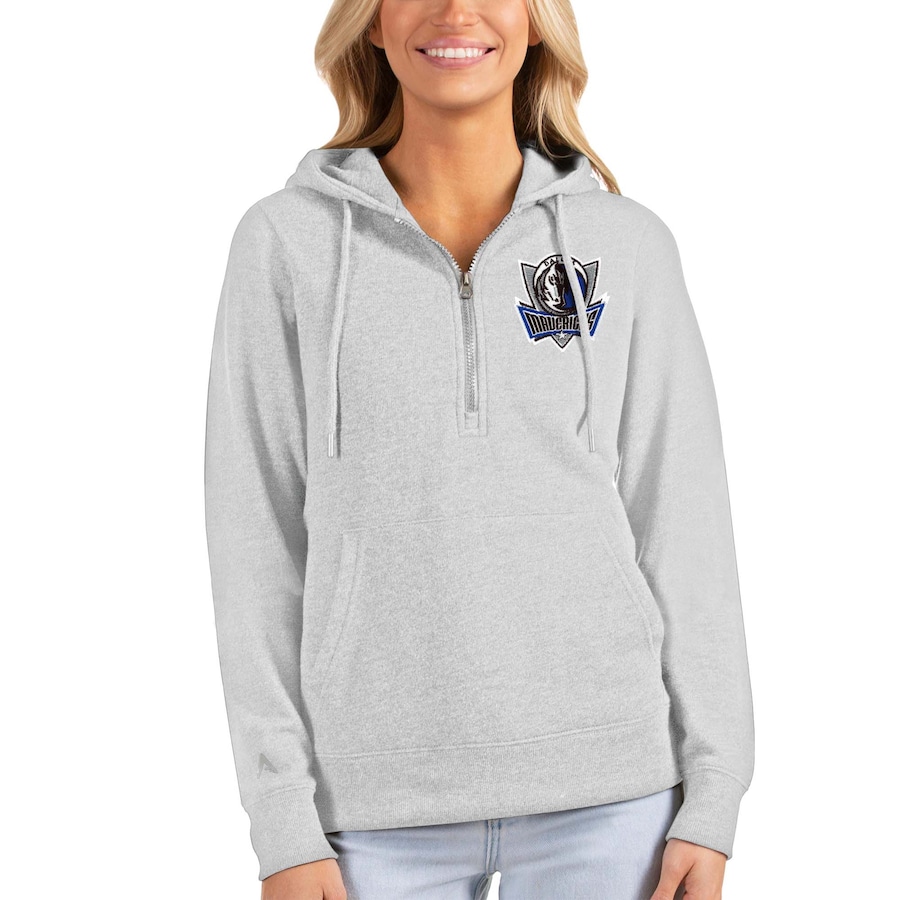 Women's Dallas Mavericks Antigua Heathered Gray Action Half-Zip Pullover Hoodie Women's Dallas Mavericks Antigua Heathered Gray Action Half-Zip Pullover Hoodie