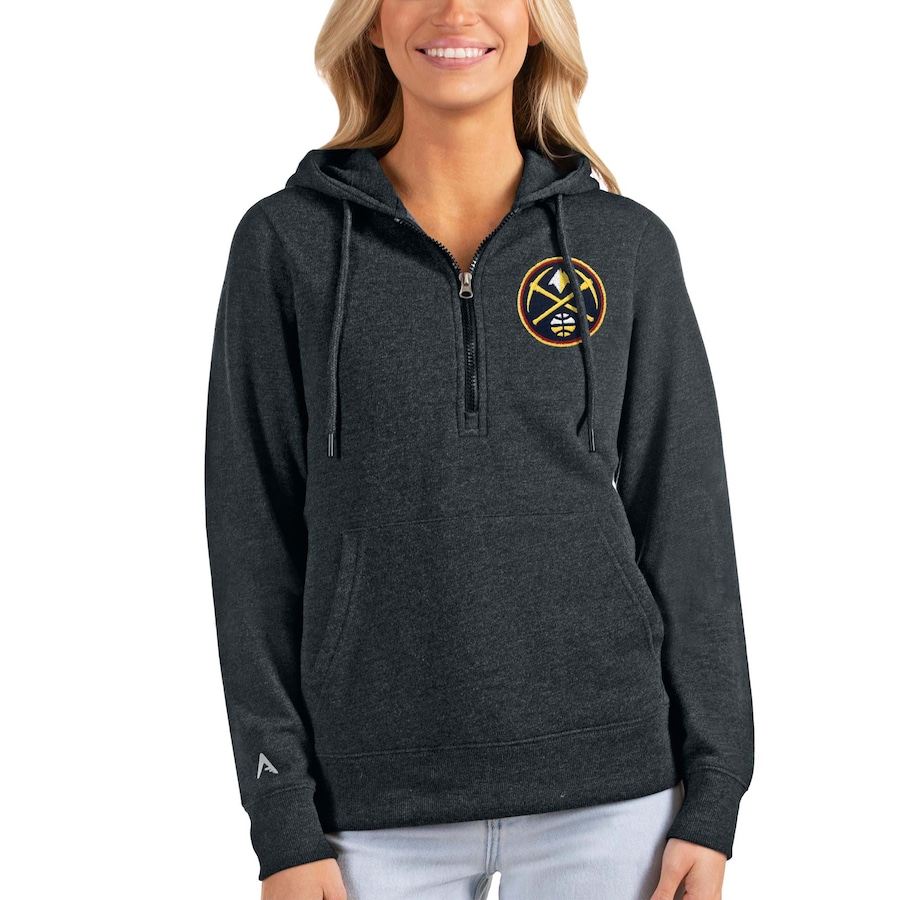 Women's Denver Nuggets Antigua Heathered Charcoal Action Half-Zip Pullover Hoodie Women's Denver Nuggets Antigua Heathered Charcoal Action Half-Zip Pullover Hoodie