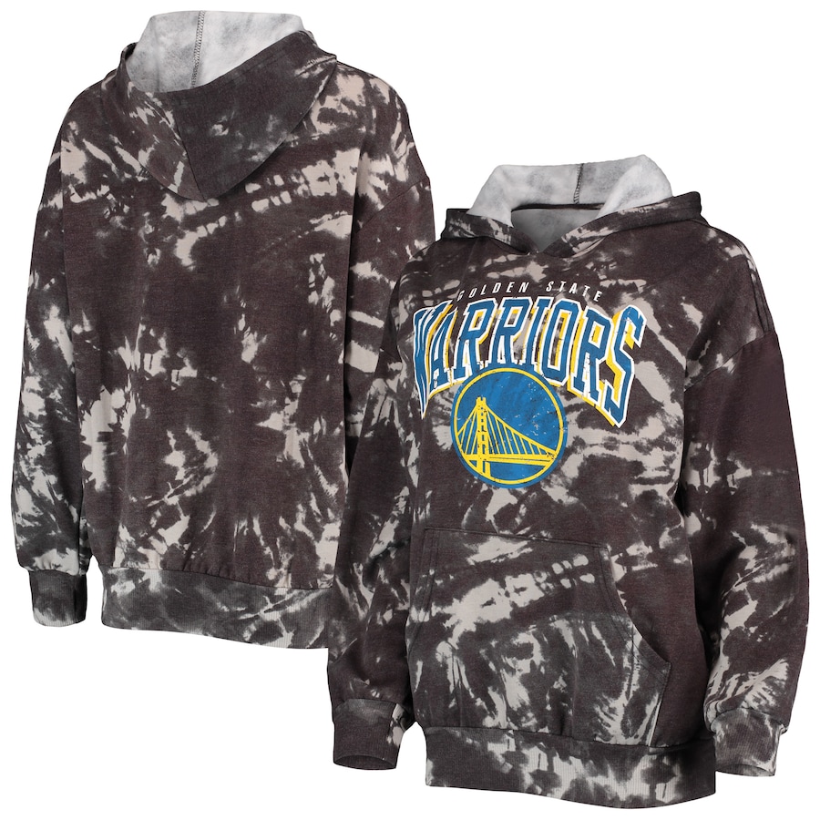 Women's Golden State Warriors Majestic Threads Black Burble Tie-Dye Tri-Blend Pullover Hoodie