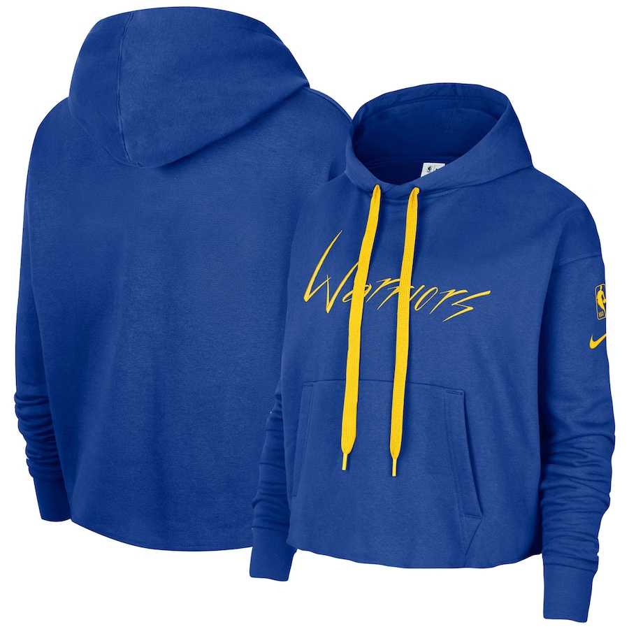 Women's Golden State Warriors NBA Royal Split Flip Courtside Cropped Pullover Hoodie Women's Golden State Warriors NBA Royal Split Flip Courtside Cropped Pullover Hoodie