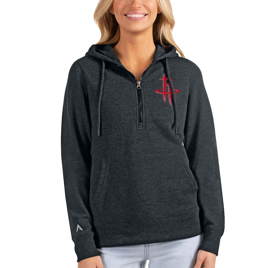 Women's Houston Rockets Antigua Heathered Charcoal Action Half-Zip Pullover Hoodie