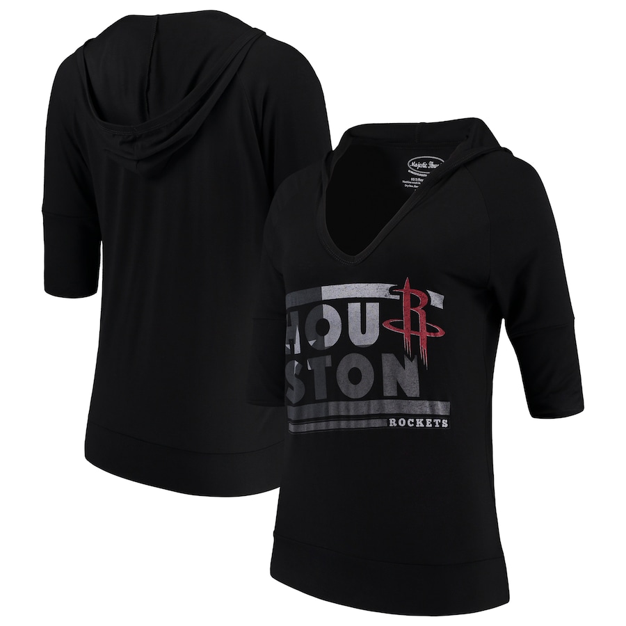 Women's Houston Rockets Majestic Threads Black City State Elbow Sleeve V-Neck Hooded Pullover Top