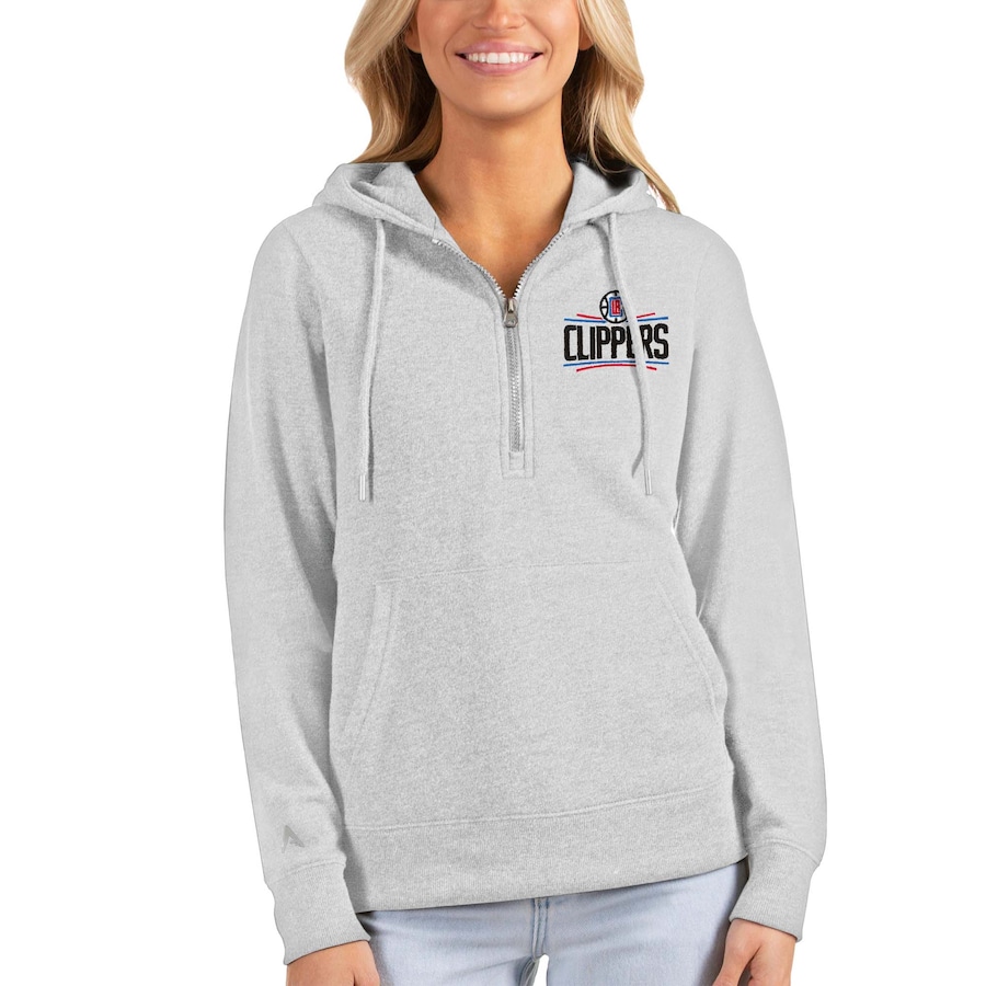 Women's LA Clippers Antigua Heathered Gray Action Half-Zip Pullover Hoodie Women's LA Clippers Antigua Heathered Gray Action Half-Zip Pullover Hoodie