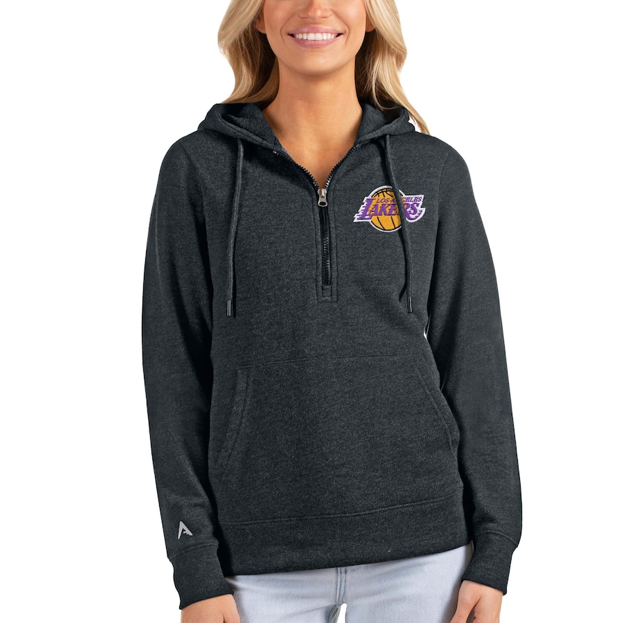 Women's Los Angeles Lakers Antigua Heathered Charcoal Action Half-Zip Pullover Hoodie Women's Los Angeles Lakers Antigua Heathered Charcoal Action Half-Zip Pullover Hoodie