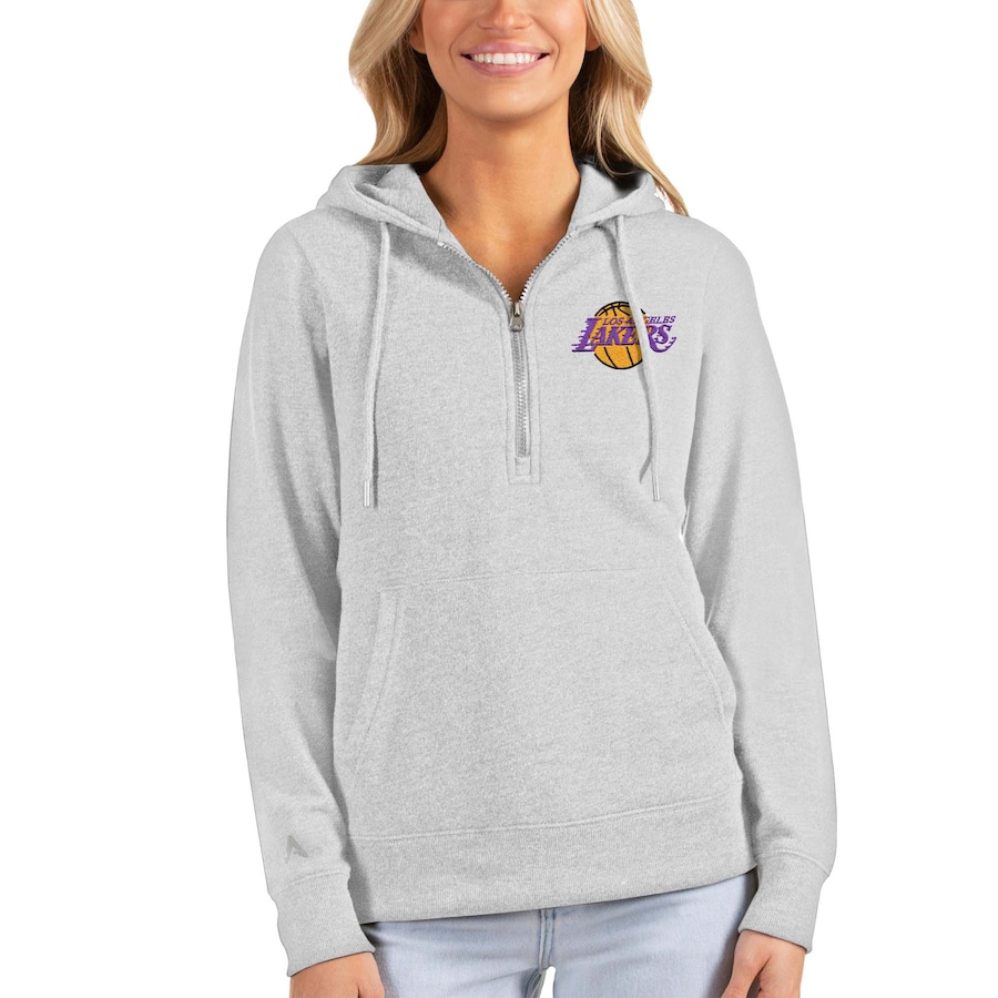 Women's Los Angeles Lakers Antigua Heathered Gray Action Half-Zip Pullover Hoodie Women's Los Angeles Lakers Antigua Heathered Gray Action Half-Zip Pullover Hoodie