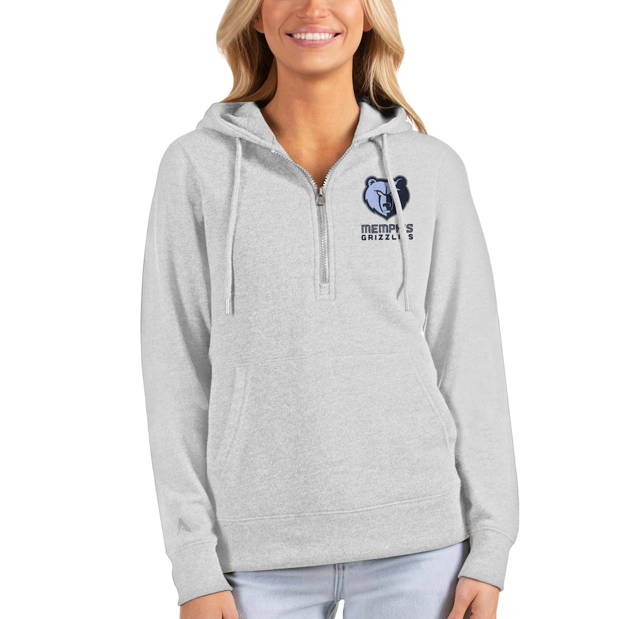 Women's Memphis Grizzlies Antigua Heathered Gray Action Half-Zip Pullover Hoodie Women's Memphis Grizzlies Antigua Heathered Gray Action Half-Zip Pullover Hoodie