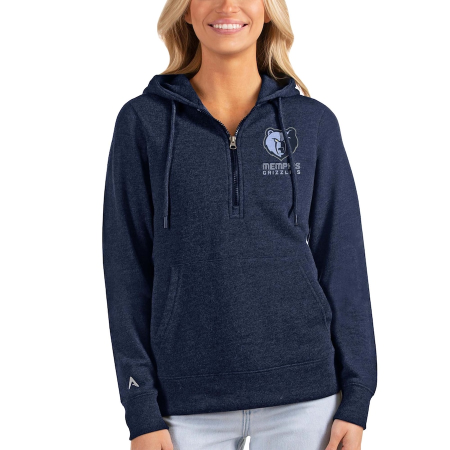 Women's Memphis Grizzlies Antigua Heathered Navy Action Half-Zip Pullover Hoodie Women's Memphis Grizzlies Antigua Heathered Navy Action Half-Zip Pullover Hoodie