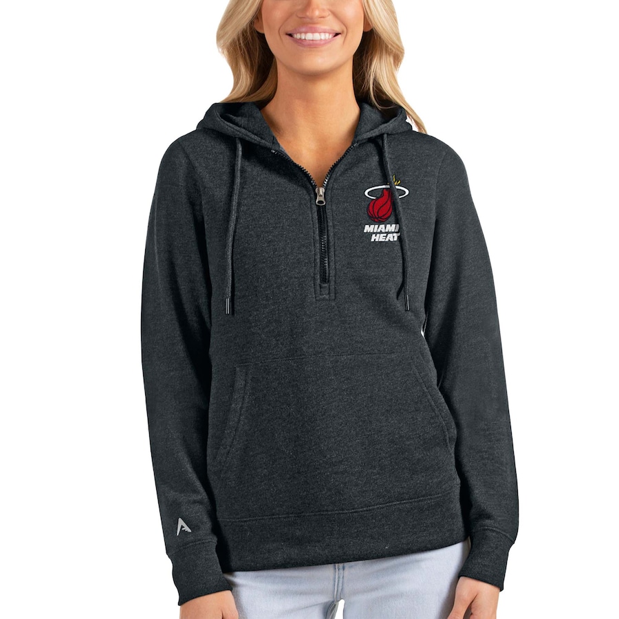 Women's Miami Heat Antigua Heathered Charcoal Action Half-Zip Pullover Hoodie Women's Miami Heat Antigua Heathered Charcoal Action Half-Zip Pullover Hoodie
