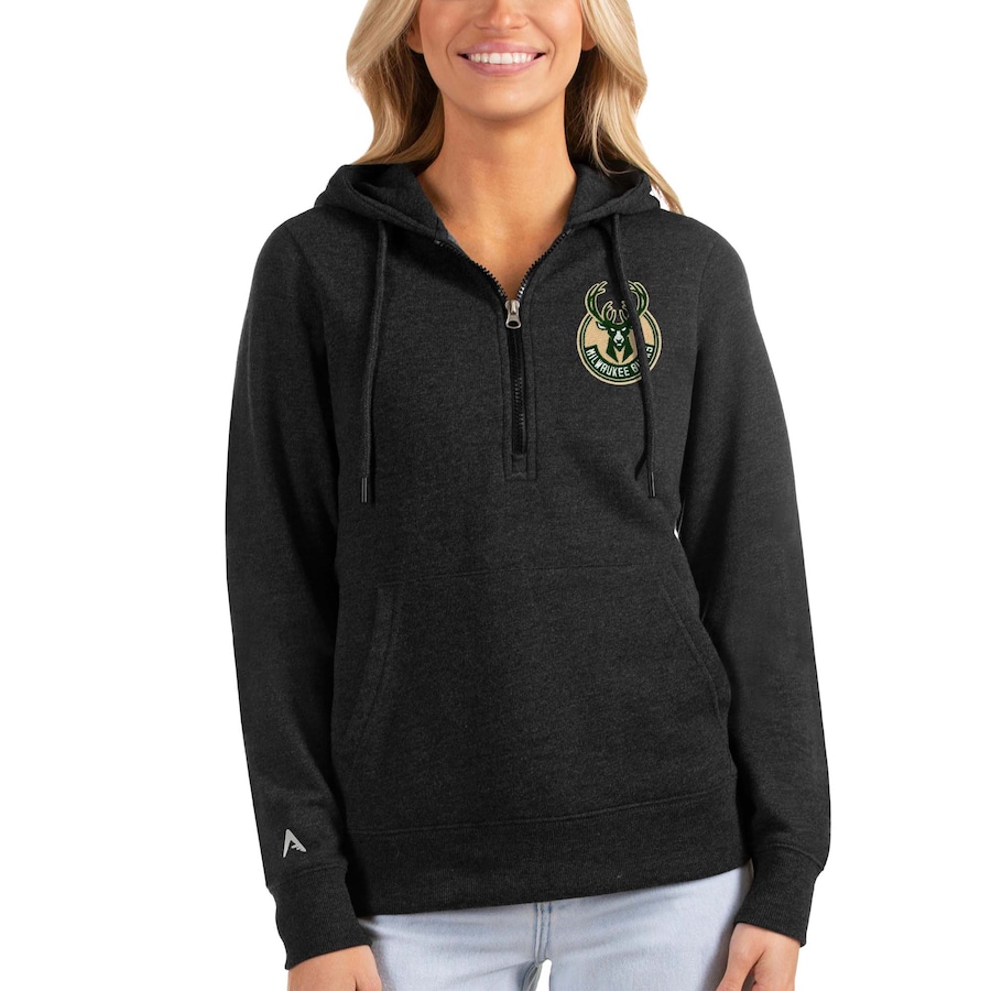 Women's Milwaukee Bucks Antigua Heathered Black Action Half-Zip Pullover Hoodie Women's Milwaukee Bucks Antigua Heathered Black Action Half-Zip Pullover Hoodie