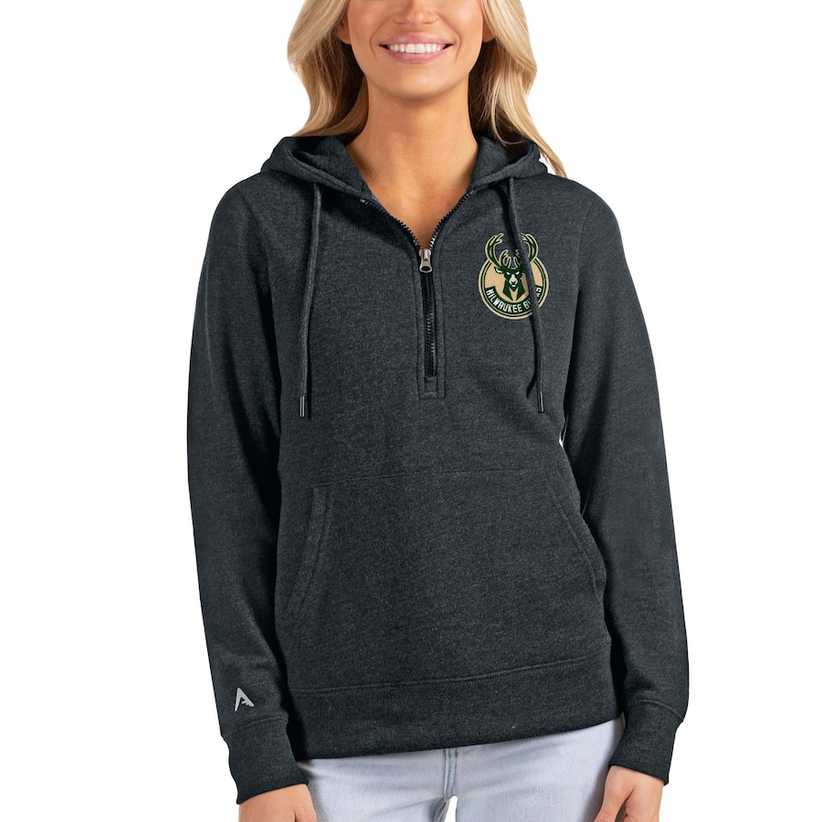 Women's Milwaukee Bucks Antigua Heathered Charcoal Action Half-Zip Pullover Hoodie Women's Milwaukee Bucks Antigua Heathered Charcoal Action Half-Zip Pullover Hoodie