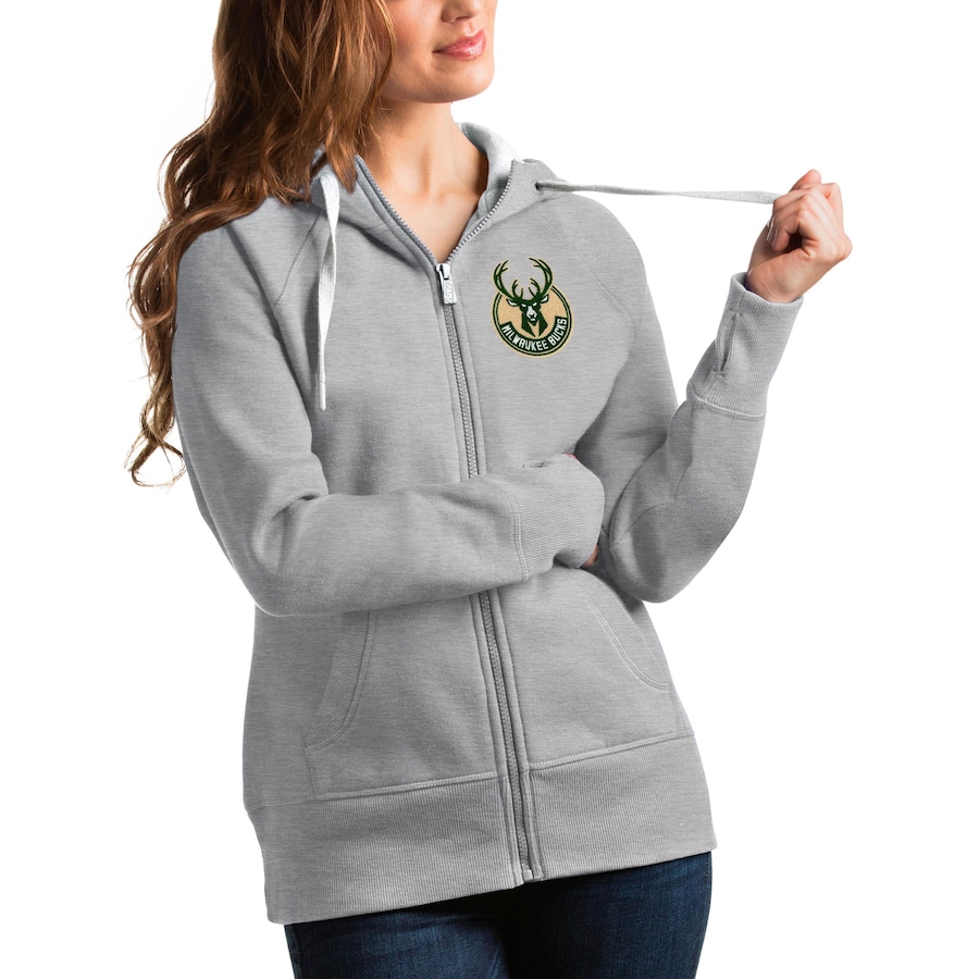 Women's Milwaukee Bucks Antigua Heathered Gray Victory Full-Zip Hoodie