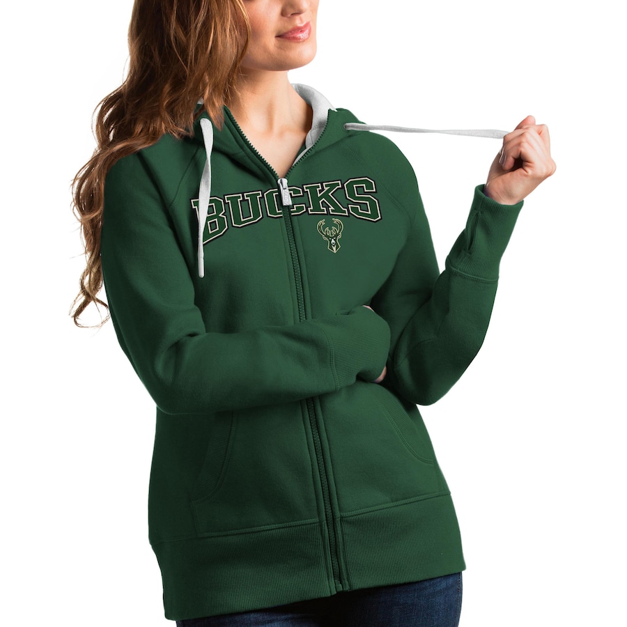 Women's Milwaukee Bucks Antigua Hunter Green Team Victory Full-Zip Hoodie
