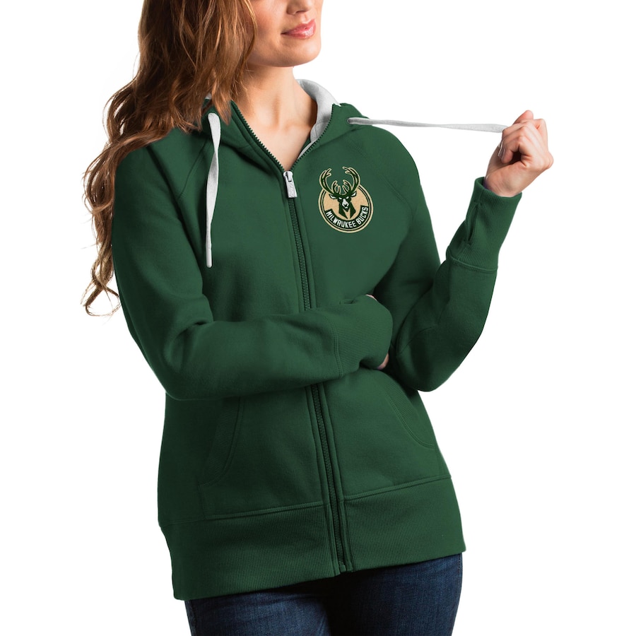 Women's Milwaukee Bucks Antigua Hunter Green Victory Full-Zip Hoodie Women's Milwaukee Bucks Antigua Hunter Green Victory Full-Zip Hoodie