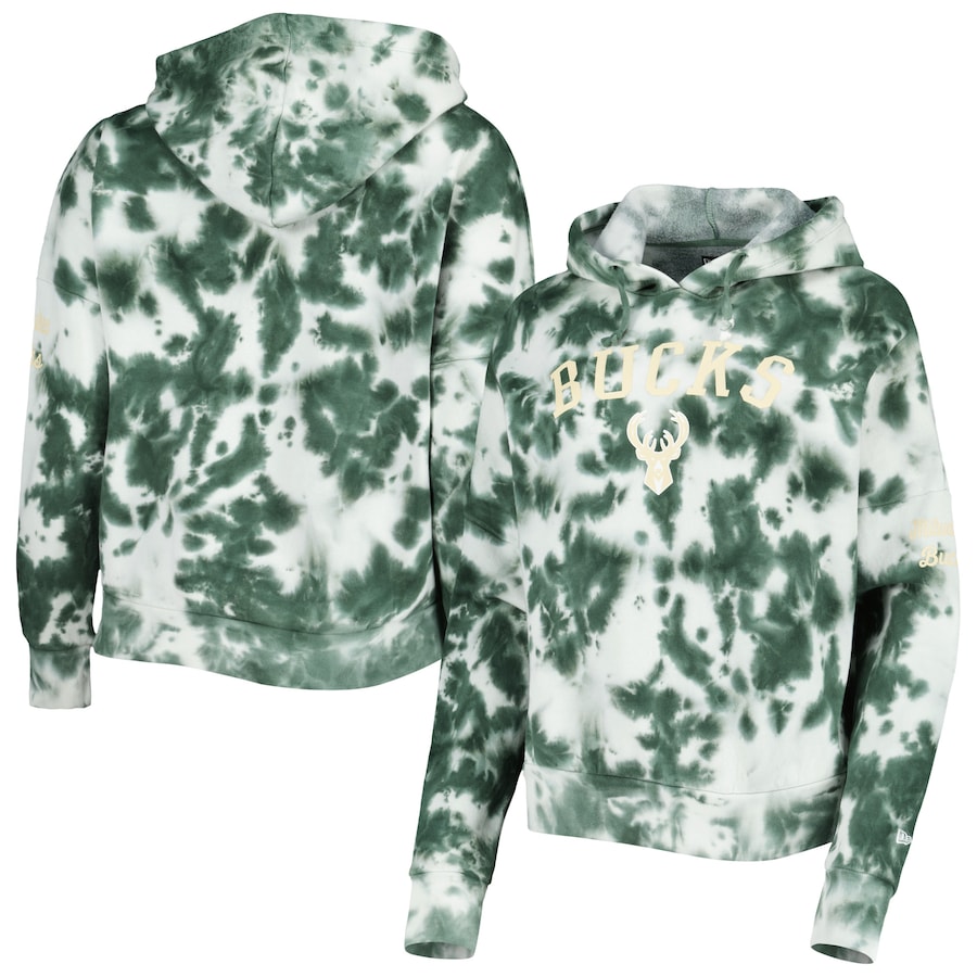 Women's Milwaukee Bucks New Era Hunter Green Brushed Cotton Tie-Dye Pullover Hoodie