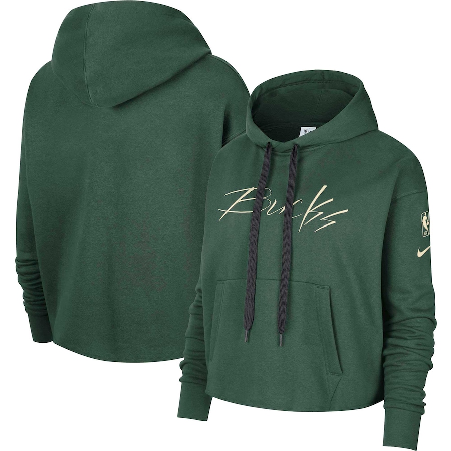 Women's Milwaukee Bucks NBA Hunter Green Split Flip Courtside Cropped Pullover Hoodie Women's Milwaukee Bucks NBA Hunter Green Split Flip Courtside Cropped Pullover Hoodie
