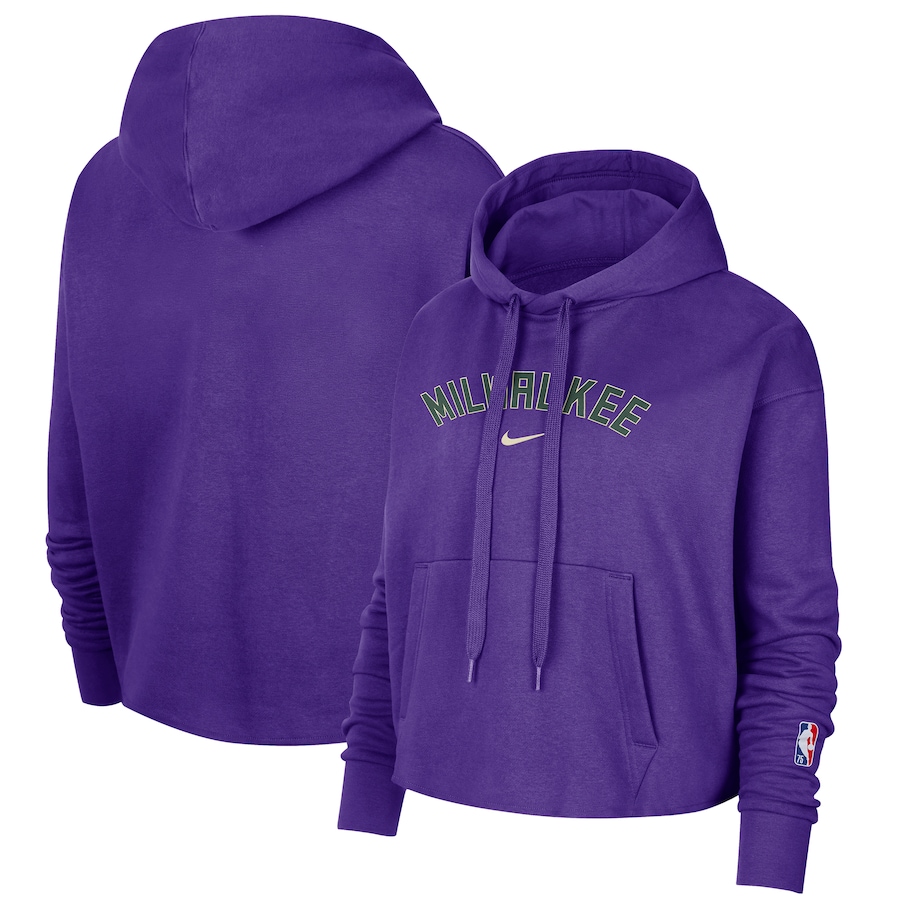 Women's Milwaukee Bucks NBA Purple 2021/22 City Edition Essential Logo Cropped Pullover Hoodie