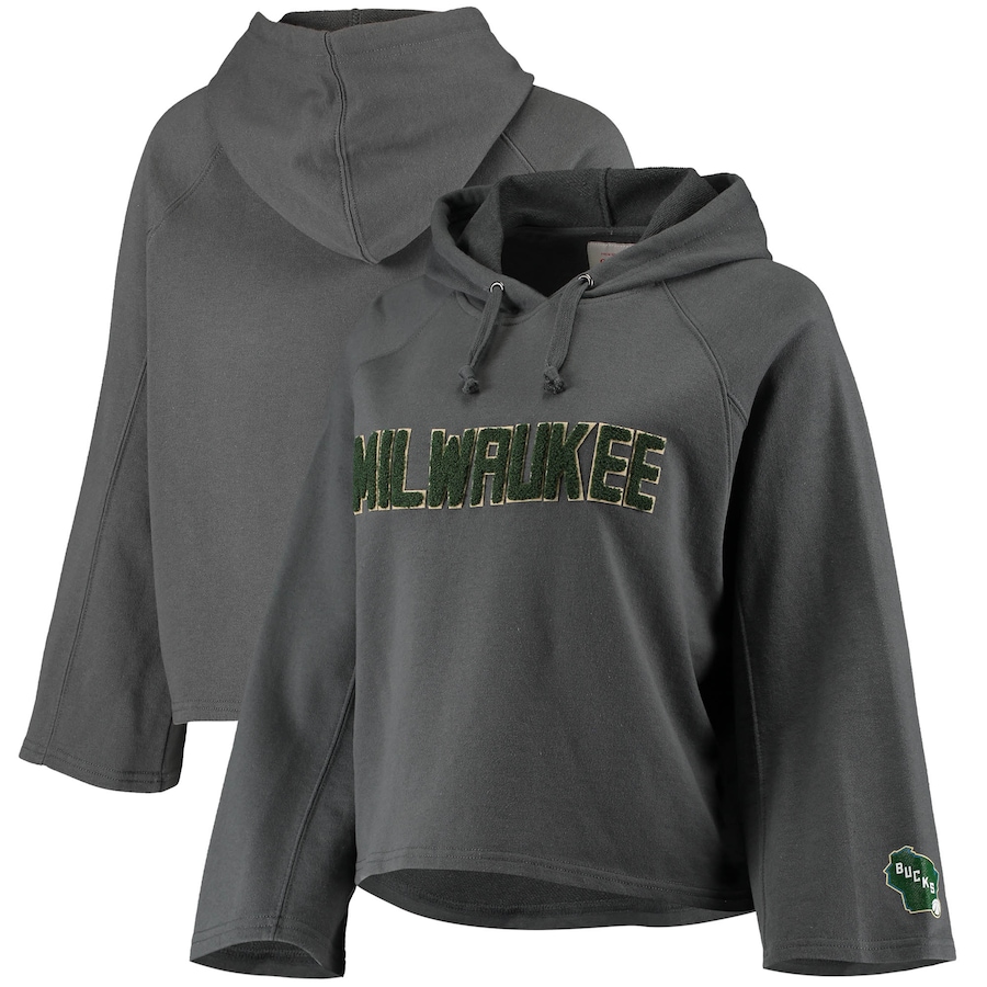 Women's Milwaukee Bucks Sportiqe Gray Chenille Logo Bell Sleeve Cropped Pullover Hoodie
