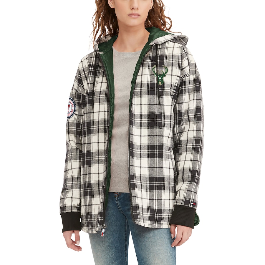 Women's Milwaukee Bucks Tommy Jeans Black/Cream Molly Flannel Full-Zip Hoodie