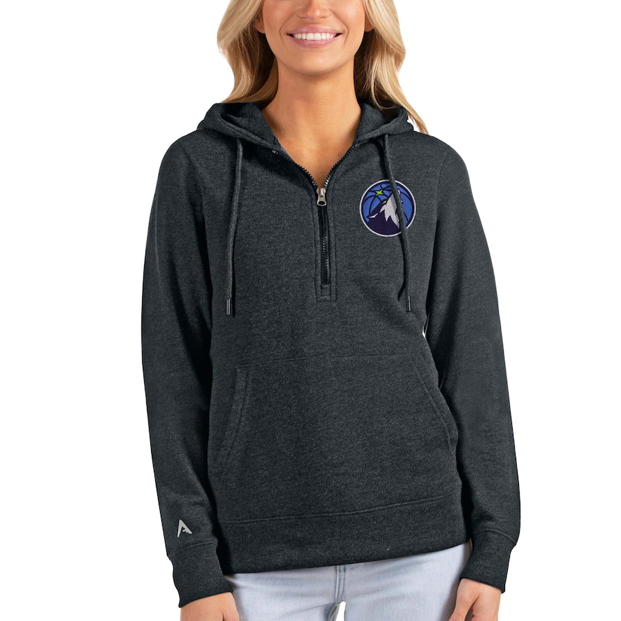Women's Minnesota Timberwolves Antigua Heathered Charcoal Action Half-Zip Pullover Hoodie