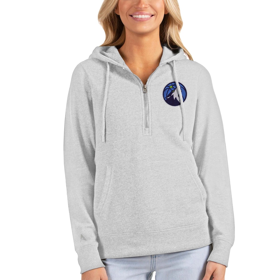 Women's Minnesota Timberwolves Antigua Heathered Gray Action Half-Zip Pullover Hoodie