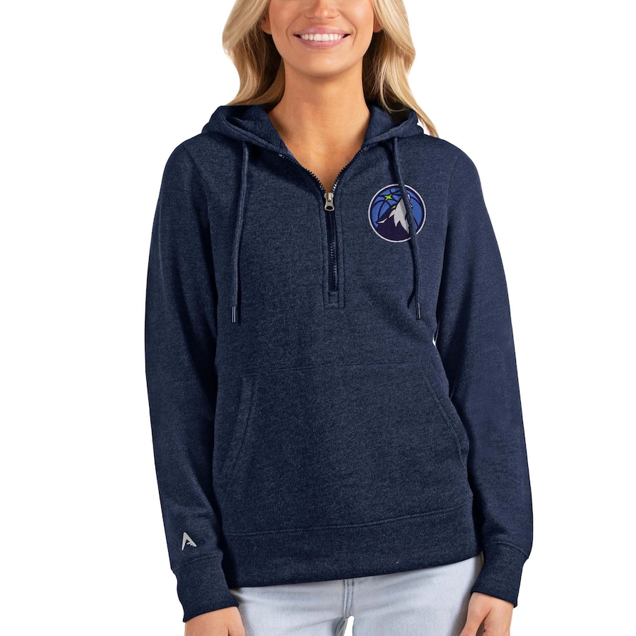 Women's Minnesota Timberwolves Antigua Heathered Navy Action Half-Zip Pullover Hoodie Women's Minnesota Timberwolves Antigua Heathered Navy Action Half-Zip Pullover Hoodie