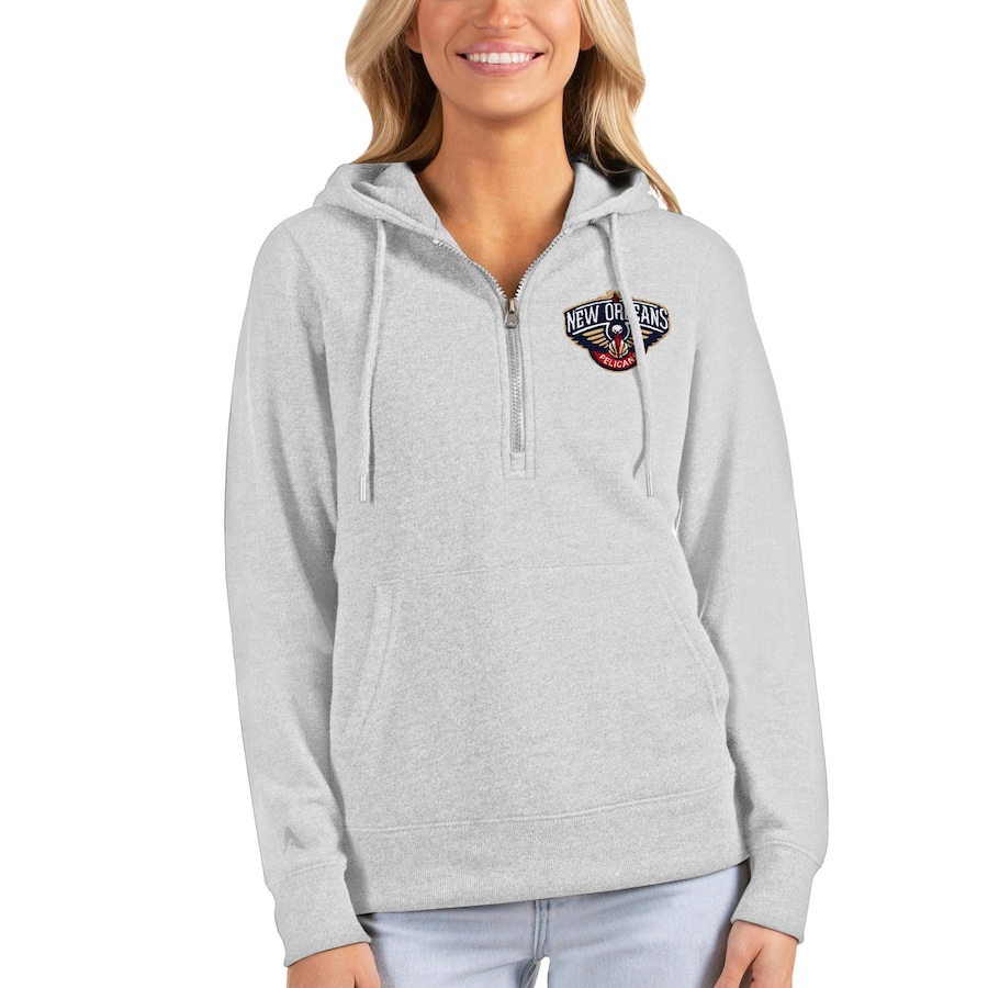 Women's New Orleans Pelicans Antigua Heathered Gray Action Half-Zip Pullover Hoodie Women's New Orleans Pelicans Antigua Heathered Gray Action Half-Zip Pullover Hoodie