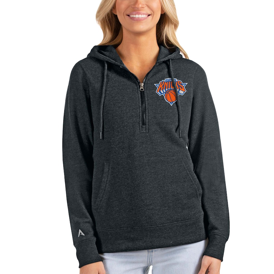 Women's New York Knicks Antigua Heathered Charcoal Action Half-Zip Pullover Hoodie