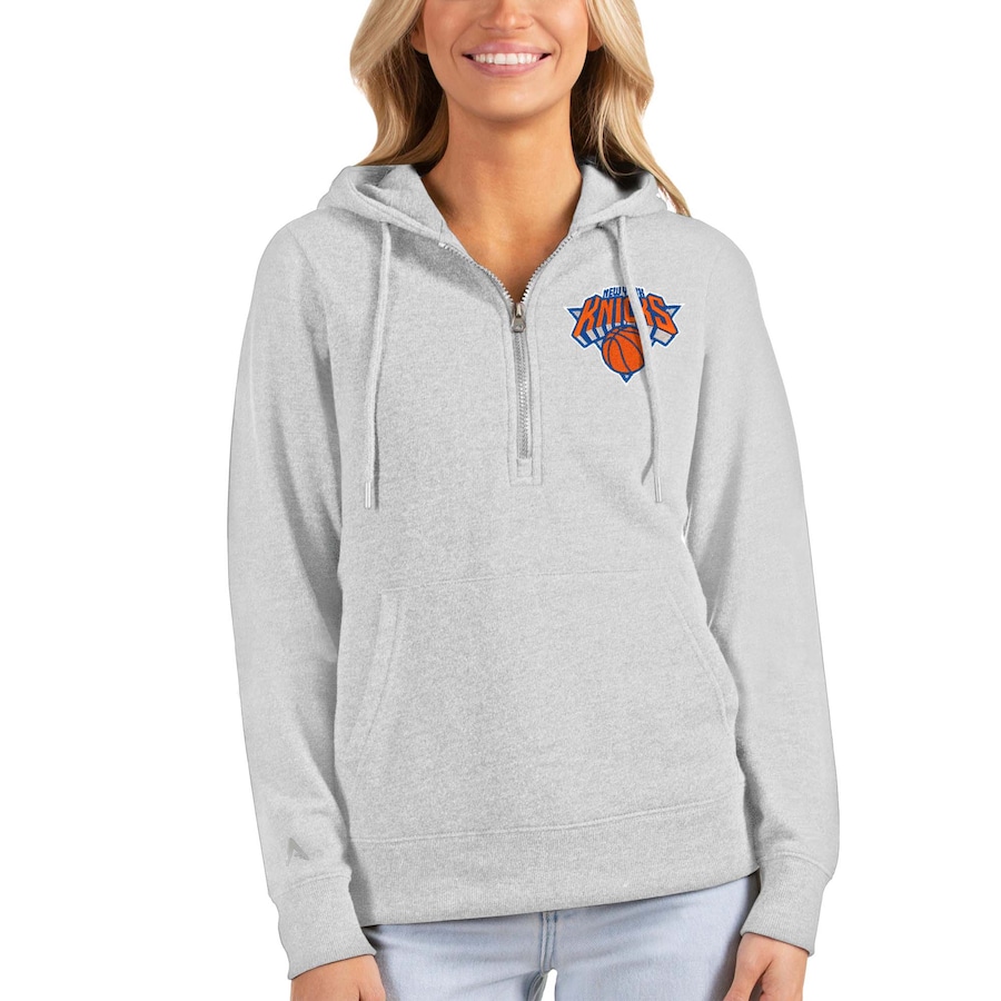 Women's New York Knicks Antigua Heathered Gray Action Half-Zip Pullover Hoodie Women's New York Knicks Antigua Heathered Gray Action Half-Zip Pullover Hoodie