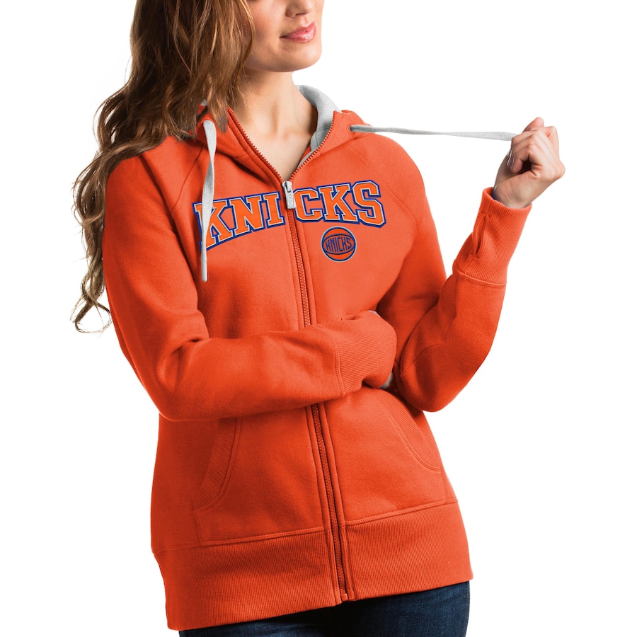Women's New York Knicks Antigua Orange Team Victory Full-Zip Hoodie Women's New York Knicks Antigua Orange Team Victory Full-Zip Hoodie