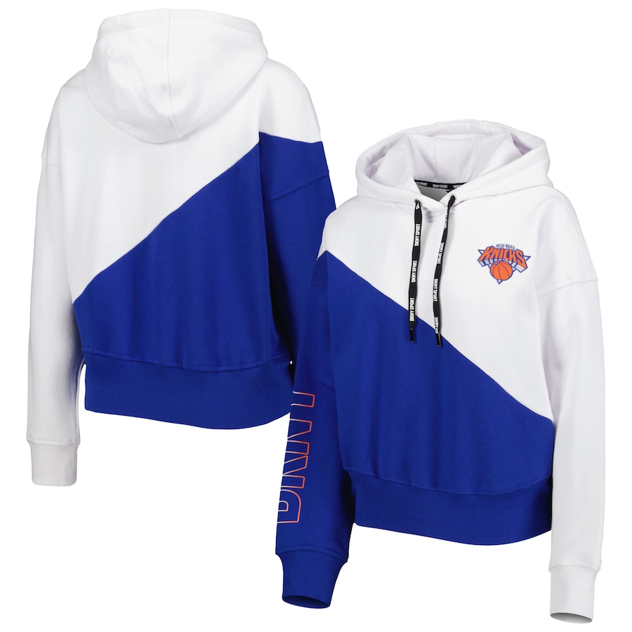 Women's New York Knicks DKNY Sport Blue/White Bobbi Color Blocked Pullover Hoodie Women's New York Knicks DKNY Sport Blue/White Bobbi Color Blocked Pullover Hoodie