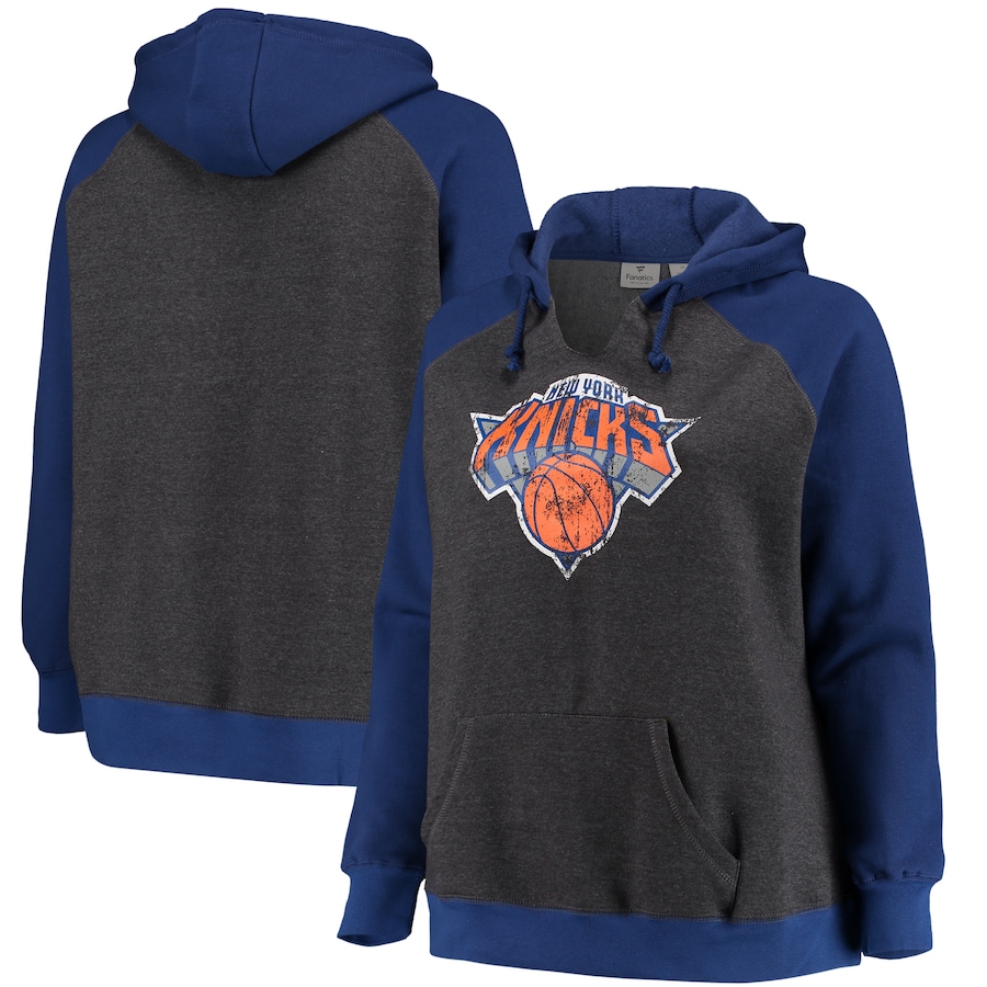 Women's New York Knicks Charcoal/Blue Plus Size Raglan Notch Neck Pullover Hoodie Women's New York Knicks Charcoal/Blue Plus Size Raglan Notch Neck Pullover Hoodie
