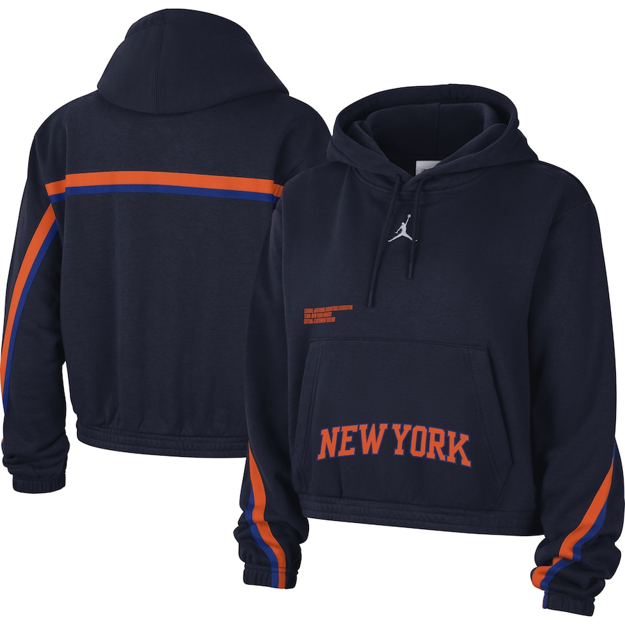 Women's New York Knicks Jordan Brand Navy Courtside Statement Edition Pullover Hoodie Women's New York Knicks Jordan Brand Navy Courtside Statement Edition Pullover Hoodie