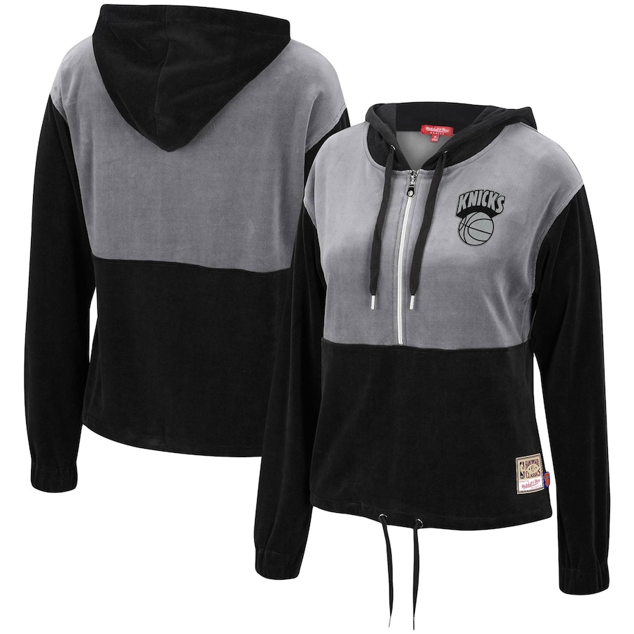 Women's New York Knicks Mitchell & Ness Black/Gray Hardwood Classics Velour Half-Zip Hoodie Women's New York Knicks Mitchell & Ness Black/Gray Hardwood Classics Velour Half-Zip Hoodie