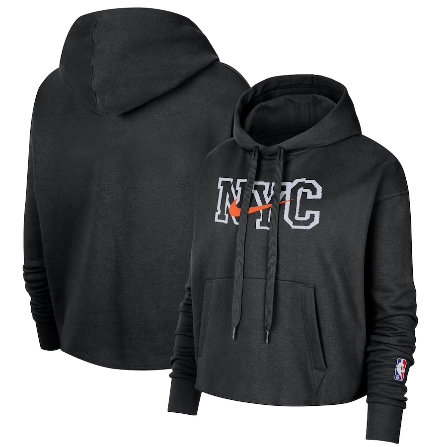 Women's New York Knicks NBA Black 2021/22 City Edition Essential Logo Cropped Pullover Hoodie Women's New York Knicks NBA Black 2021/22 City Edition Essential Logo Cropped Pullover Hoodie