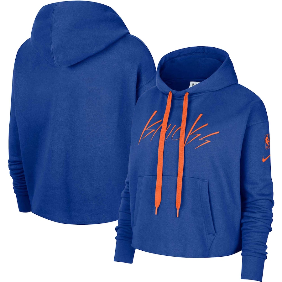 Women's New York Knicks NBA Blue Split Flip Courtside Cropped Pullover Hoodie