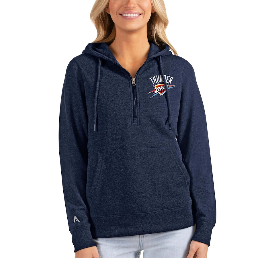 Women's Oklahoma City Thunder Antigua Heathered Navy Action Half-Zip Pullover Hoodie