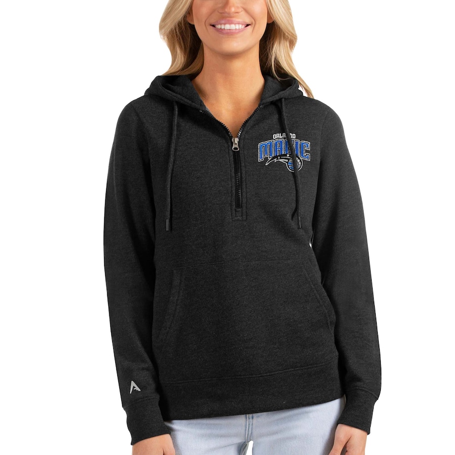 Women's Orlando Magic Antigua Heathered Black Action Half-Zip Pullover Hoodie Women's Orlando Magic Antigua Heathered Black Action Half-Zip Pullover Hoodie