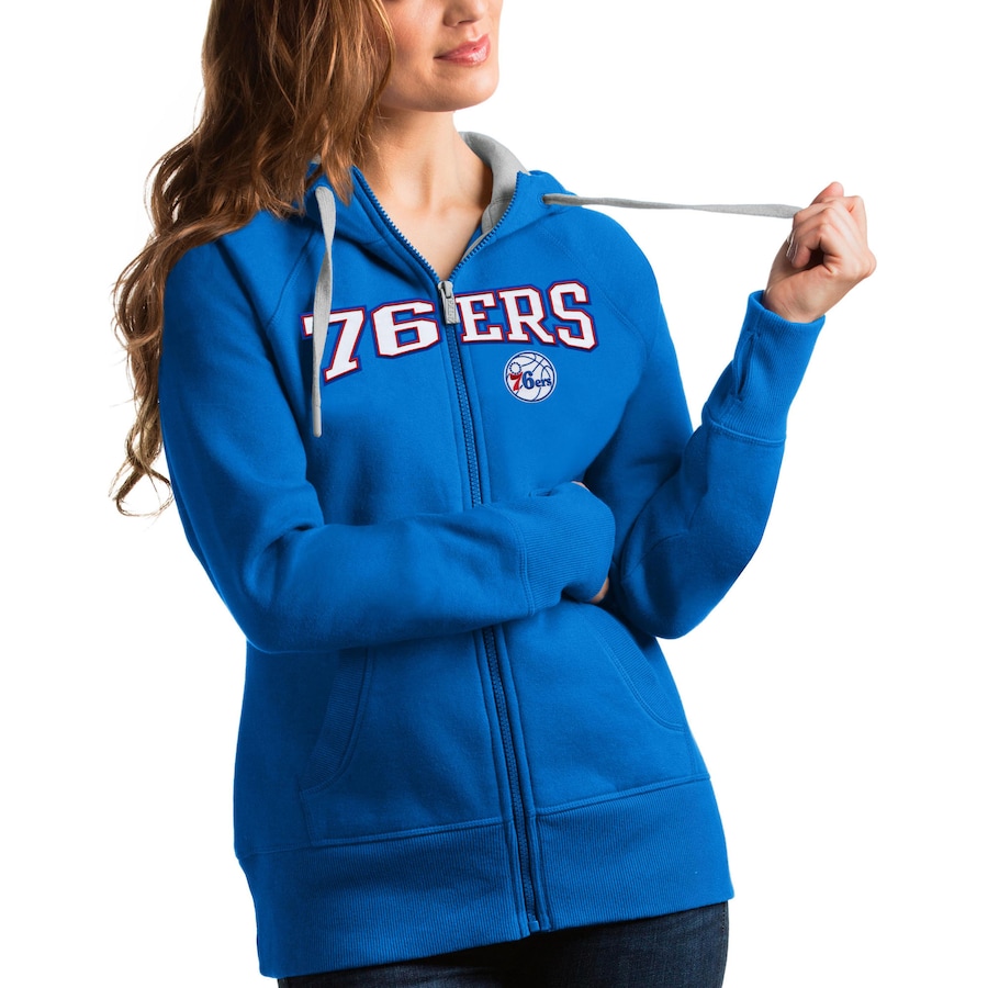 Women's Philadelphia 76ers Antigua Blue Team Victory Full-Zip Hoodie Women's Philadelphia 76ers Antigua Blue Team Victory Full-Zip Hoodie