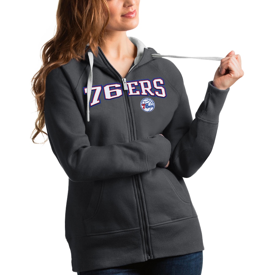 Women's Philadelphia 76ers Antigua Charcoal Team Victory Full-Zip Hoodie