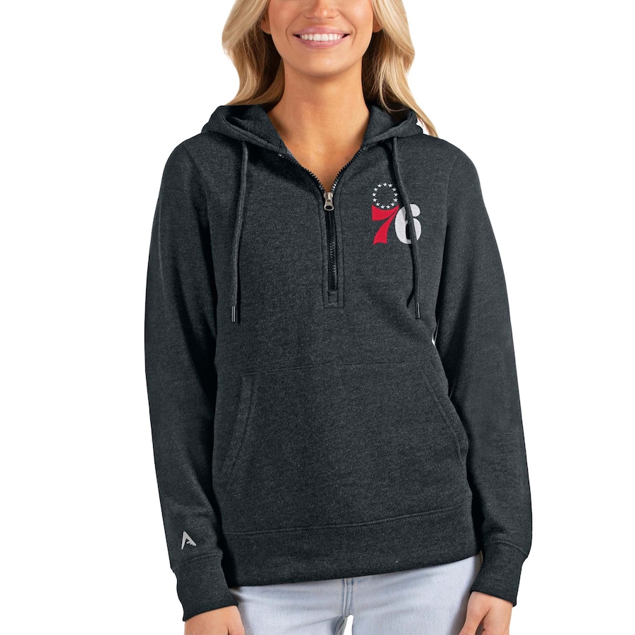 Women's Philadelphia 76ers Antigua Heathered Charcoal Action Half-Zip Pullover Hoodie Women's Philadelphia 76ers Antigua Heathered Charcoal Action Half-Zip Pullover Hoodie