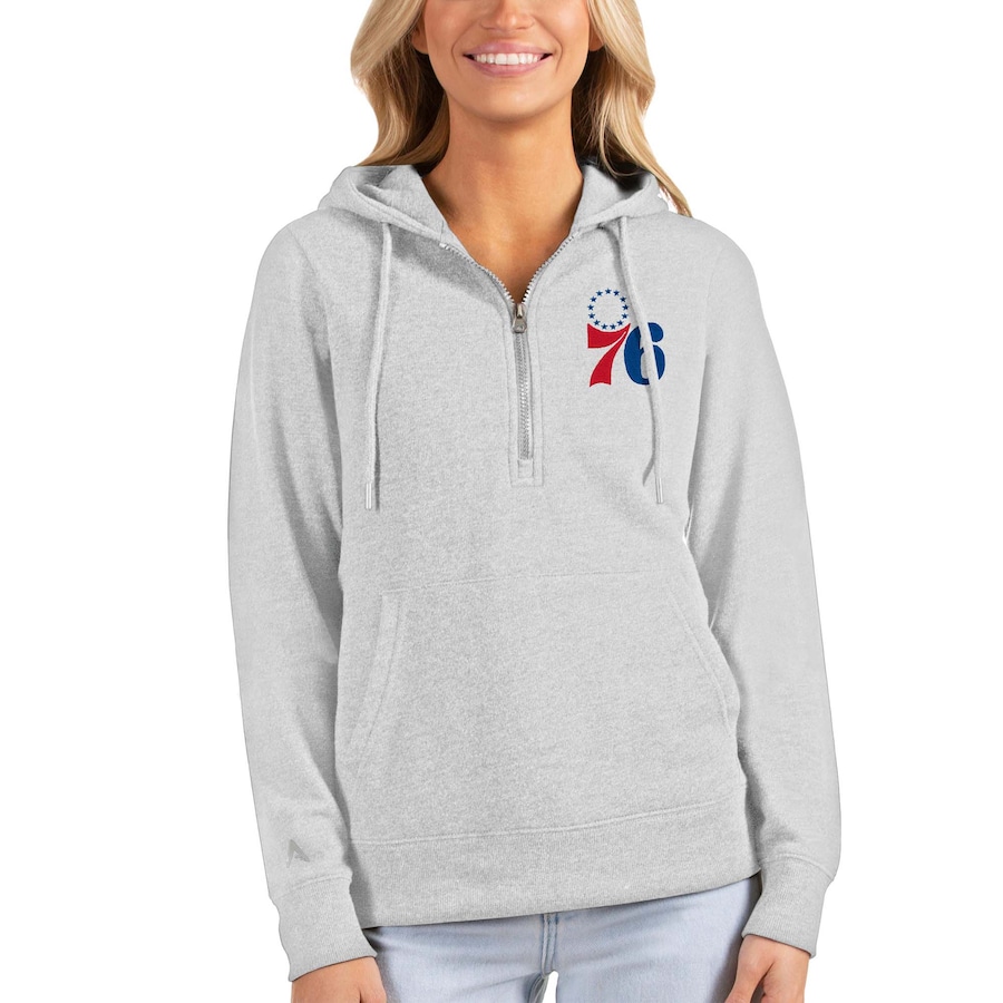 Women's Philadelphia 76ers Antigua Heathered Gray Action Half-Zip Pullover Hoodie Women's Philadelphia 76ers Antigua Heathered Gray Action Half-Zip Pullover Hoodie