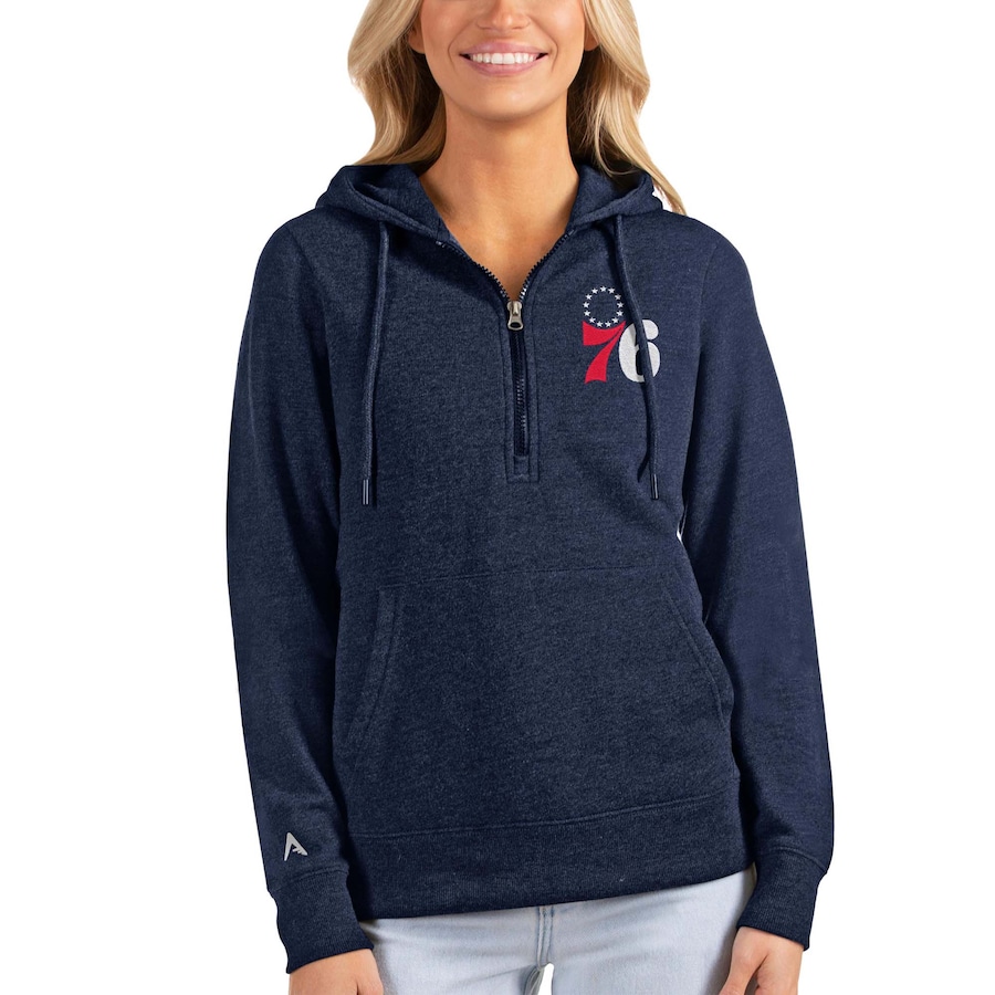 Women's Philadelphia 76ers Antigua Heathered Navy Action Half-Zip Pullover Hoodie Women's Philadelphia 76ers Antigua Heathered Navy Action Half-Zip Pullover Hoodie