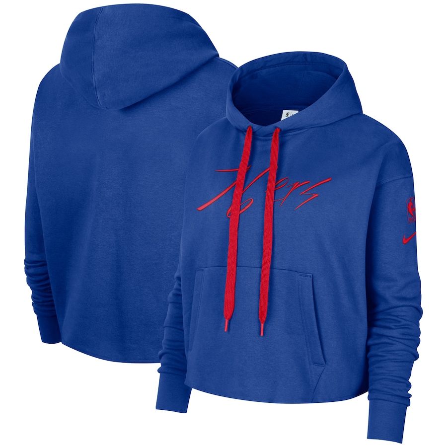 Women's Philadelphia 76ers NBA Royal Split Flip Courtside Cropped Pullover Hoodie Women's Philadelphia 76ers NBA Royal Split Flip Courtside Cropped Pullover Hoodie