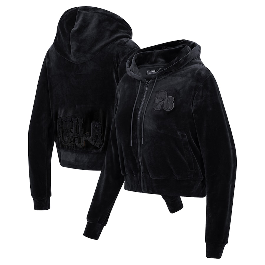 Women's Philadelphia 76ers Pro Standard Triple Black Velour Full-Zip Hoodie Women's Philadelphia 76ers Pro Standard Triple Black Velour Full-Zip Hoodie